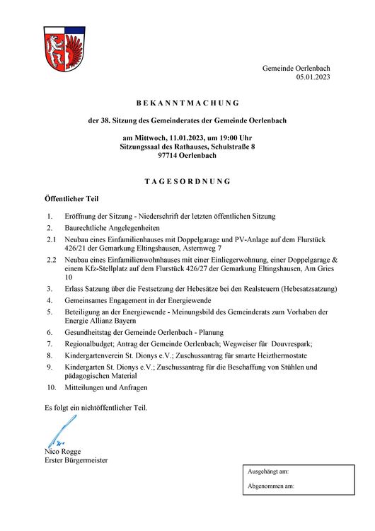 Bekanntmachung der 38. Sitzung des Gemeinderates der Gemeinde Oerlenbach
