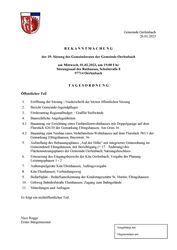 Bekanntmachung der 39. Sitzung des Gemeinderates der Gemeinde Oerlenbach