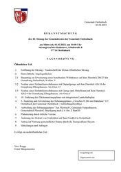 Bekanntmachung der 40. Sitzung des Gemeinderates der Gemeinde Oerlenbach