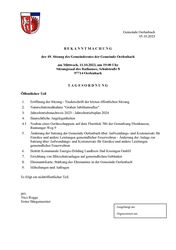 Bekanntmachung der 49. Sitzung des Gemeinderates der Gemeinde Oerlenbach